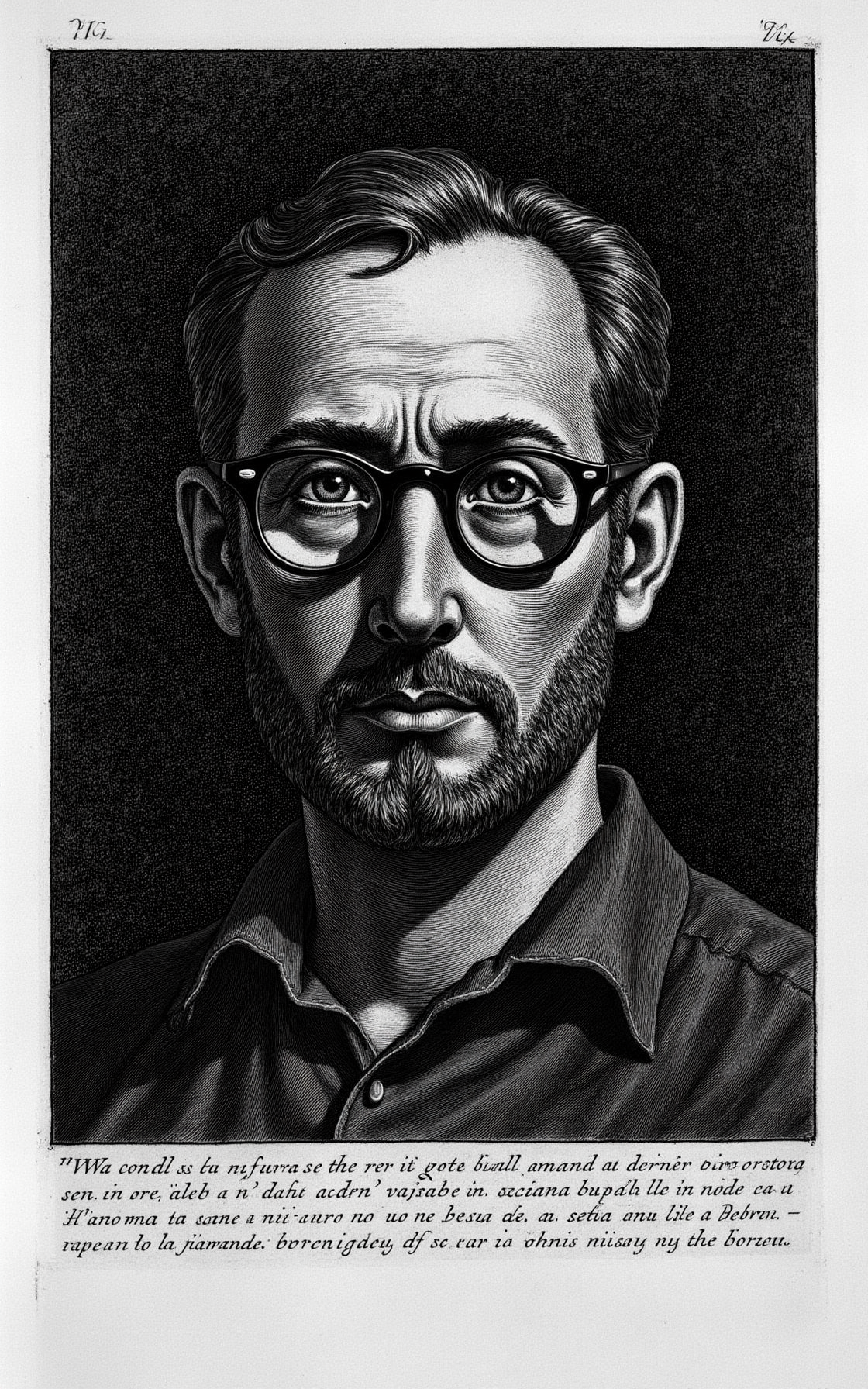 YFG-Pira, Create a close-up portrait of a bespectacled man with a furrowed brow and a hint of stubble, set against a deep dark background with richly detailed texture, in the style of an 18th-century etching by Giovanni Battista Piranesi, featuring bold lines, heavy ink accents, and areas of subtle gradation to suggest volume and depth.