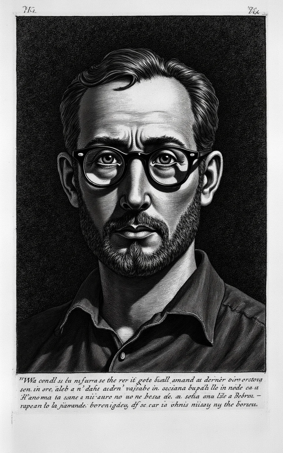 YFG-Pira, Create a close-up portrait of a bespectacled man with a furrowed brow and a hint of stubble, set against a deep dark background with richly detailed texture, in the style of an 18th-century etching by Giovanni Battista Piranesi, featuring bold lines, heavy ink accents, and areas of subtle gradation to suggest volume and depth.