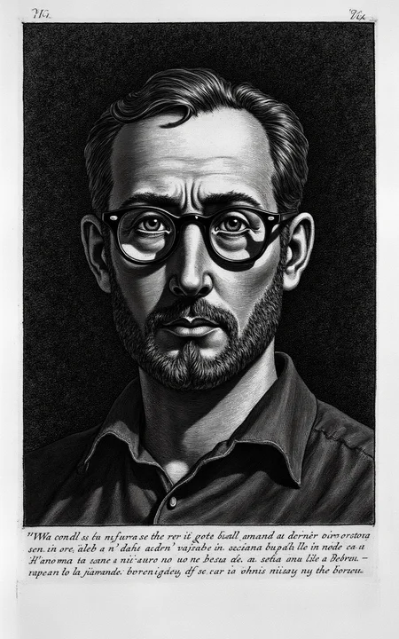 YFG-Pira, Create a close-up portrait of a bespectacled man with a furrowed brow and a hint of stubble, set against a deep dark background with richly detailed texture, in the style of an 18th-century etching by Giovanni Battista Piranesi, featuring bold lines, heavy ink accents, and areas of subtle gradation to suggest volume and depth.