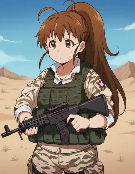 score_9, score_8_up, score_7_up, source_anime, <lora:popura-taneshima-s2-ponyxl-lora-nochekaiser:1>, popura taneshima, long hair, brown hair, brown eyes, ponytail, ahoge, large breasts,, <lora:military-combat-uniform-ponyxl-lora-nochekaiser:1> military combat uniform, camouflage jacket, camouflage, load bearing best, camouflage pants, soldier, bulletproof vest, combat helmet, assault rifle, rifle,, desert, sun, blue sky,, cowboy shot,