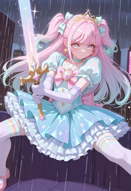 MF9f, bnl0,
1girl, rainbow eyes, pink hair, long sidelocks, two side up, long hair, multicolored hair, gradient hair, aqua tips, masterpiece, best quality, absurdres,
(pastel colors, pastel blue, pastel pink, pastel green, pastel purple, pastel rainbow), pastel blue magical girl, padded magical girl dress, kawaii, frilled skirt, thighhighs, pastel aqua dress, multilayered dress, tutu, petticoat, padded dress, puffy short sleeves, elbow gloves, gold tiara, gem brooch, large bow, ribbons, lace trim, frills, latex, shiny clothes, sparkles, glitter, star earrings, rainbow accessories, jewelry, frilled mary janes,
lipgloss, eyelashes, light blush, light makeup,
outdoors, city, night, overcast, rain, on rooftop,
solo, fighting stance, serious, (sword guard stance), two-handed, holding sword, energy sword, huge weapon,
intricate, highly detailed, majestic, shallow depth of field, movie still, circular polarizer