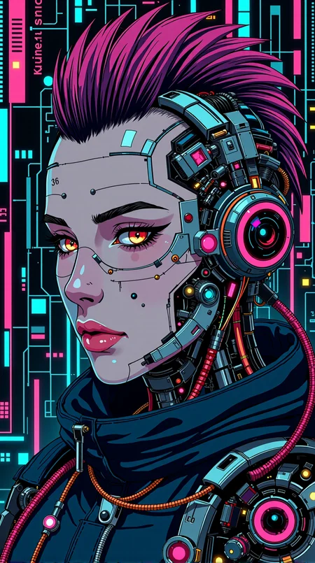 (((masterpiece))), ((ultra-detailed)), Abstract style, colorful and vibrant, mystical colors, emeraldmorph, portrait of an android, detailled face,wearing futuristic clothing and mohawk, cybernetic implants, background futuristic city, motherboard circuits, liquid, fluid, sfw , touch of pink, optic fiber,
<lora:Neurocore Cyberpunk v2:1> <lora:Schnell v1:1>