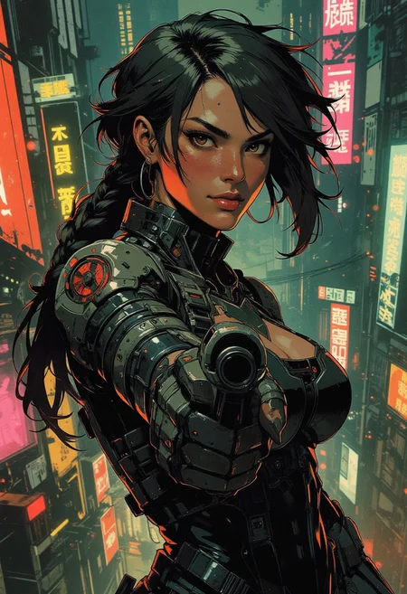 magnificent, closeup portrait, female bounty hunter, braided black hair, two tone hair, highlights in hair, futuristic armor, sci-fi, sleek armored bodysuit, shoulder plates, hip plates, sexy, curvy, large breasts, large ass, Shotgun, aiming shotgun, pointing shotgun, Cyberpunk City, Neon Lights, foreshortening,
looking at viewer, solo, smirk, cocky smirk, 
Cowboy Shot, close up, from above,
