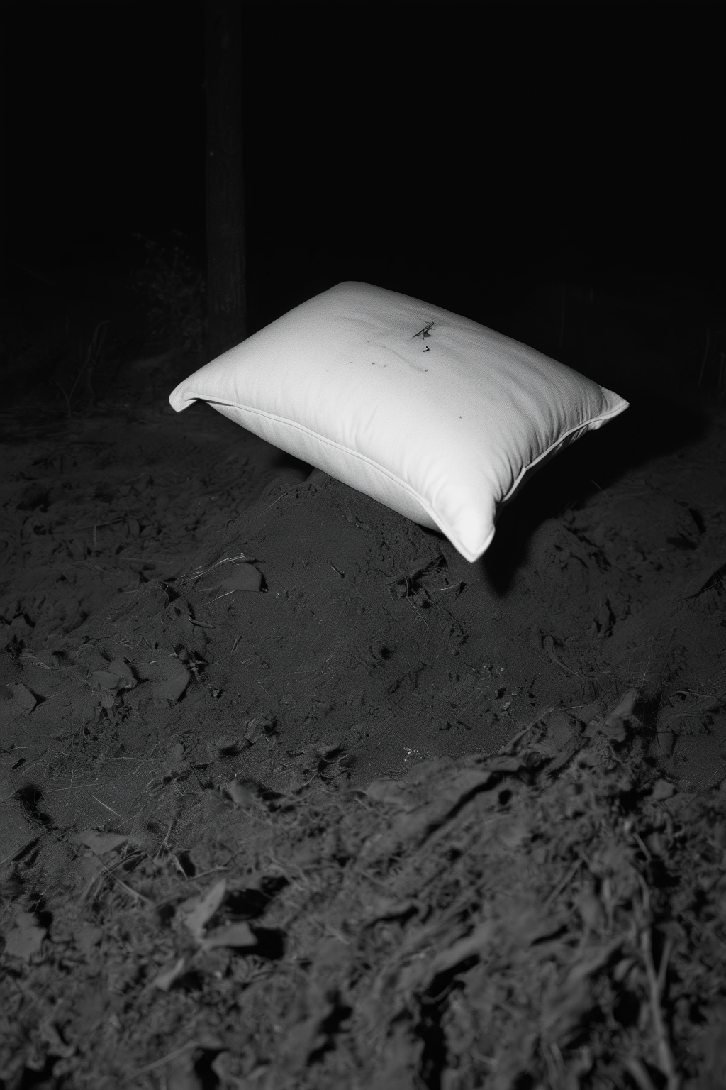 <lora:Photographer Elena Helfrecht Style:1>Photographer Elena Helfrecht Style - a white pillow sitting on top of a pile of dirt in the dark