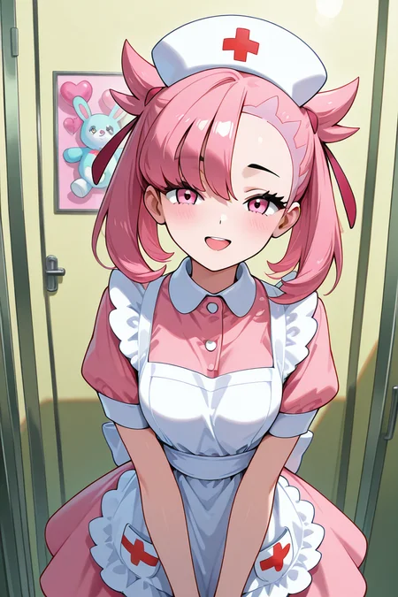 masterpiece, best quality, 1girl, solo, (beautiful eyes), zzNurseMarnieCitron, pink eyes, hair ribbon, medium hair, pink hair, asymmetrical bangs, ribbon, nurse, pink dress, white apron, nurse cap, laughing as she holds a giant stuffed animal prize won for her by her date, standing in front of a brightly lit Ferris wheel, colorful balloons and carnival games in the background, playful and joyful atmosphere, her hair ribbons fluttering in the night breeze <lora:NurseMarnieIXL:1.0>,