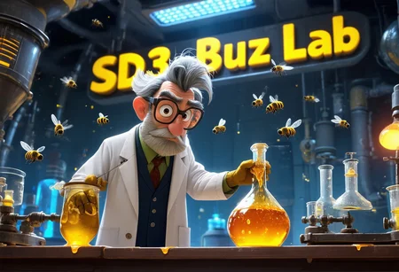 disney pixar 3d cartoon of a mad scientist in a futuristic laboratory holding a flask of honey as bees fly around him. Above him is the yellow text "SD3 Buzz Lab"