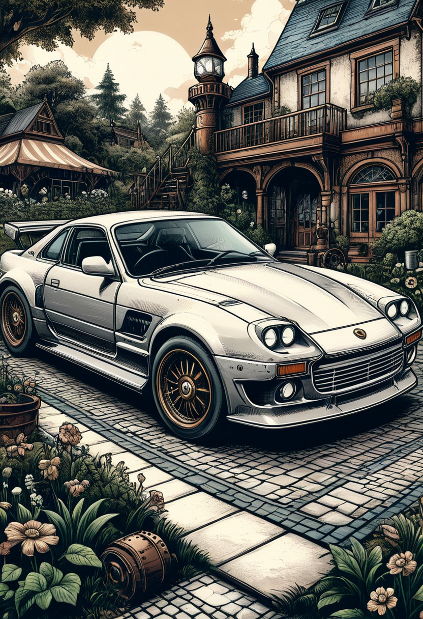 A sportscar, in a steampunk garden setting, illustration, (monochrome:0.45), mobe-90c0m, <lora:RetFutCom-V1:0.85>,