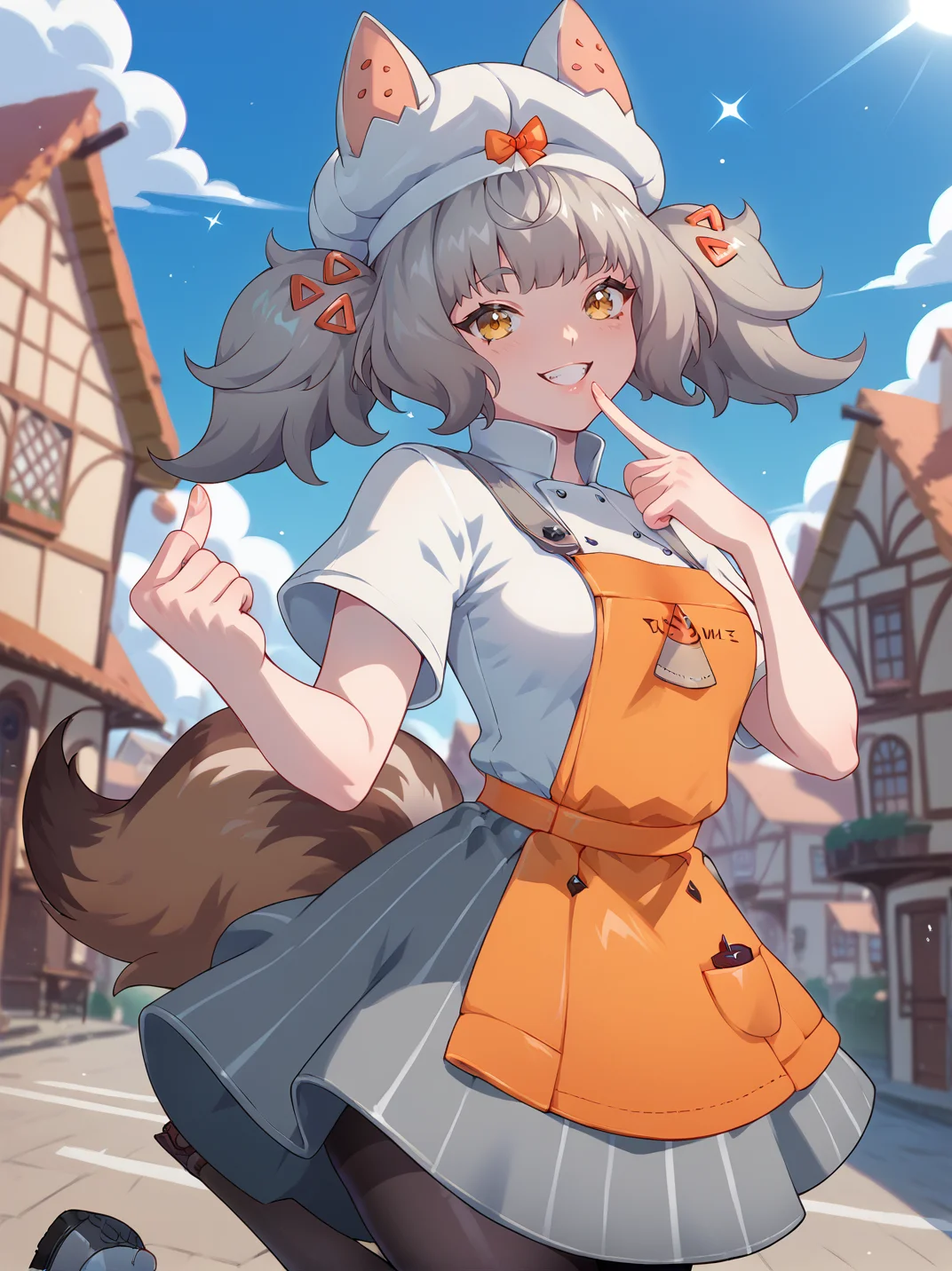score_9, score_8_up, score_7_up,,
1girl, dynamic pose, dynamic angle, looking at viewer, from side, one leg up, one finger on mouth, happy, light smile, cowboy shot, dutch angle, medium breasts, warm light, blue sky, town, portrait,
<lora:AMargherita_character:0.8>, MargheritaXL,, grey hair, yellow eyes, twintails, hair ornament, hat, single glove, white shirt, orange apron, pantyhose, grey skirt, animal ears, tail, <lora:KajinmanLycoXL:0.85>,