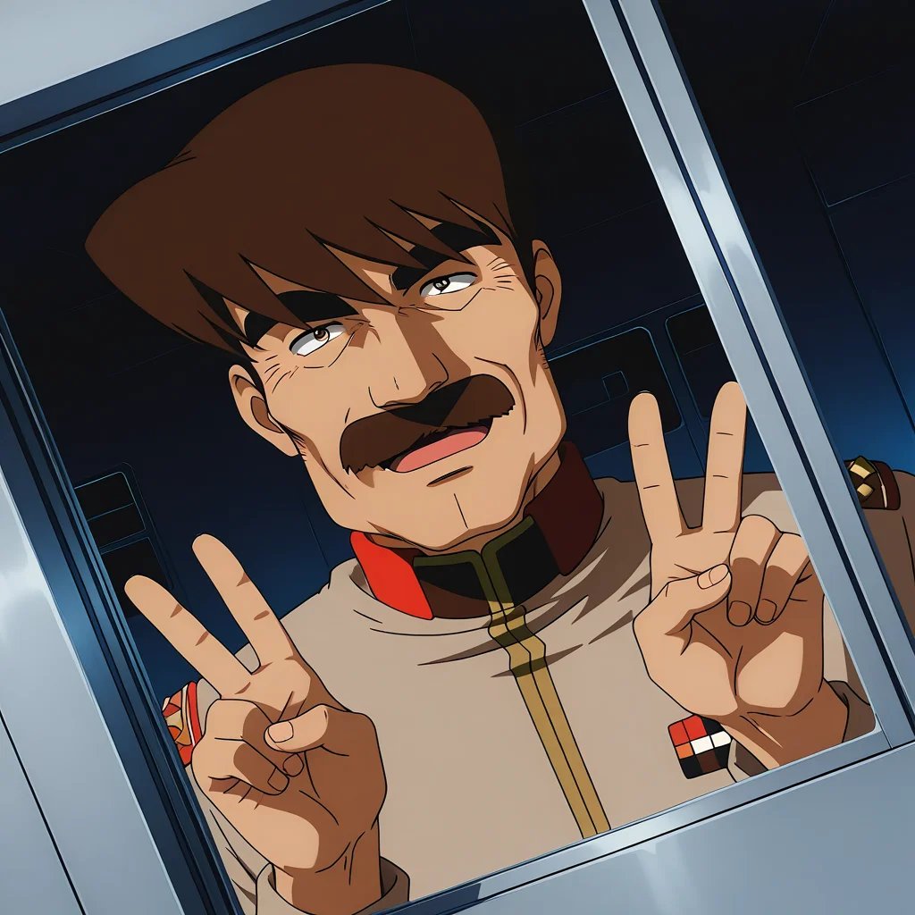 <lora:IL_Ryer:1>,1boy,solo,Isan Ryer/(gundam/),08ms_ir,beige tunic,EFF officer uniform,standing,short brown hair,mustache,thick eyebrows,sci-fi,large window,dutch angle,open smile,double v sign,close-up of face,, <lora:wai-A3-V140:1>,, masterpiece,best quality,amazing quality,very aesthetic,absurdres,