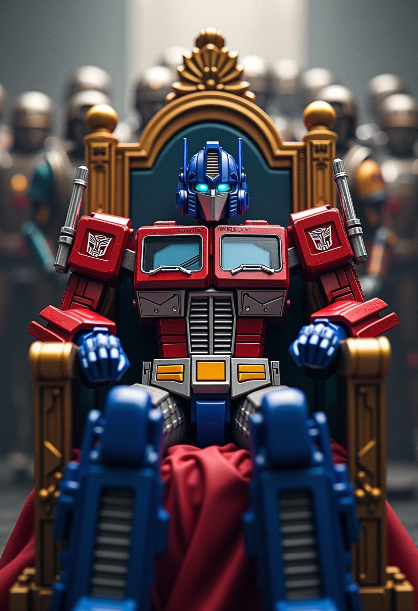 Photorealistic, Optimus Prime, sitting in a throne, speech bubble saying: "Flux is everyone’s right", king throne, knights in the back
