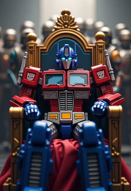 Photorealistic, Optimus Prime, sitting in a throne, speech bubble saying: "Flux is everyone’s right", king throne, knights in the back