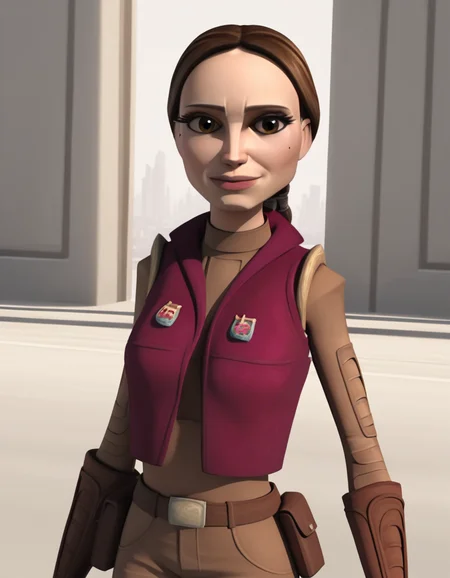score_9, score_8_up, score_7_up, source_anime,
<lora:clonewars-padme-amidala-s3-ponyxl-lora-nochekaiser:1>, padme amidala, brown hair, brown eyes, realistic, mole, mole under eye, long hair, lips, 3d,
low-tied ponytail, braided ponytail, gloves, shirt, brown shirt, long sleeves, belt, pants, vest, pink vest, brown pants, open vest,
outdoors, smile,
looking at viewer, cowboy shot, dutch angle, solo,