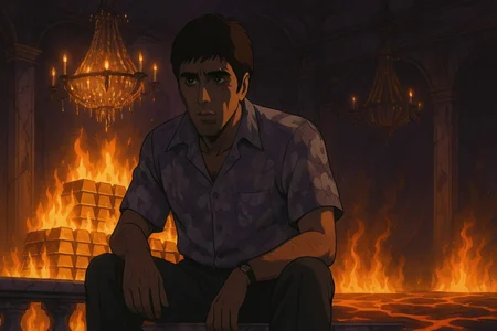 cinematic still, Tony Montana, perched on a marble bar rail in hellish opal shirt, floral pattern muted by ash, face half-shadowed as gold bars burn behind him, medium shot, eye-level, setting: grand foyer-turned-bar with cracked chandeliers and lava flooding the floor, mood of gilded betrayal and icy resolve, chandelier sparks against violet gloom, color theme of tarnished gold, deep eggplant, and smoky white, style reference 1980s Studio Ghibli–inspired Japanese animation still