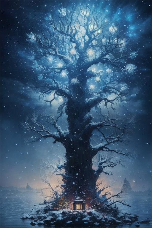 Two small robin birds on a snowy branch of a tree, one with a woolen hat and the other with a scarf illuminated by a lantern hanging from a branch, it is getting dark and snowing, in the background the last lights of the day and snowy trees blurred by the fog and falling snow, 3D style, Disney, Pixar, 4K, the little birds in focus, detailed drawing something that does not even exist, mythical being, energy, molecular, textures, impressive beauty, pure perfection, divine presence, unforgettable beauty, impressive , impressive, volumetric light, auras, rays, vivid reflected colors, you can see snowflakes falling, studio lighting, very detailed