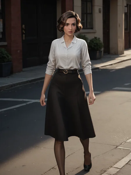 score_9, score_8_up, score_7_up,  score_6_up, BREAK, S4rahAngel0, 1girl, solo, short hair, brown hair, brown eyes, white shirt, pantyhose, belt, black skirt, pencil skirt, long skirt, black shoes  <lora:Sarah_Angelo:1>
