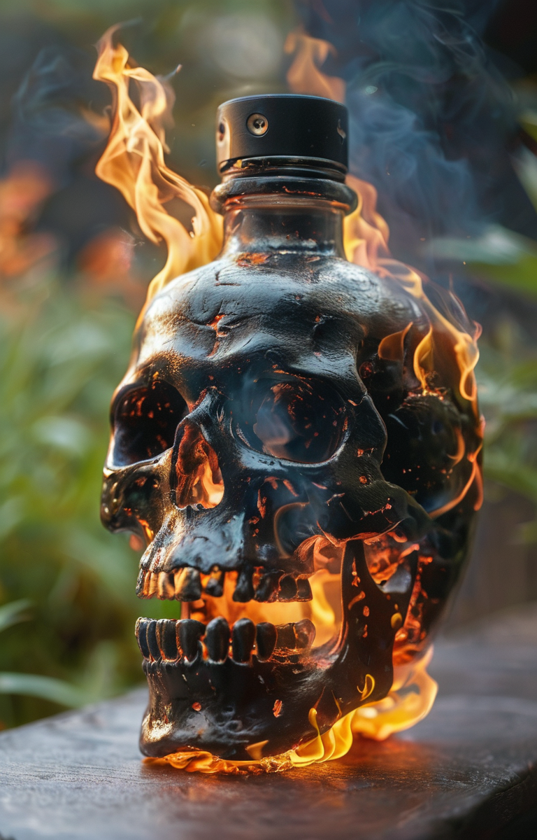 masterpiece,best quality,<lora:tbh60-sdxl:0.75>,burning skull A bottle of perfume in garden