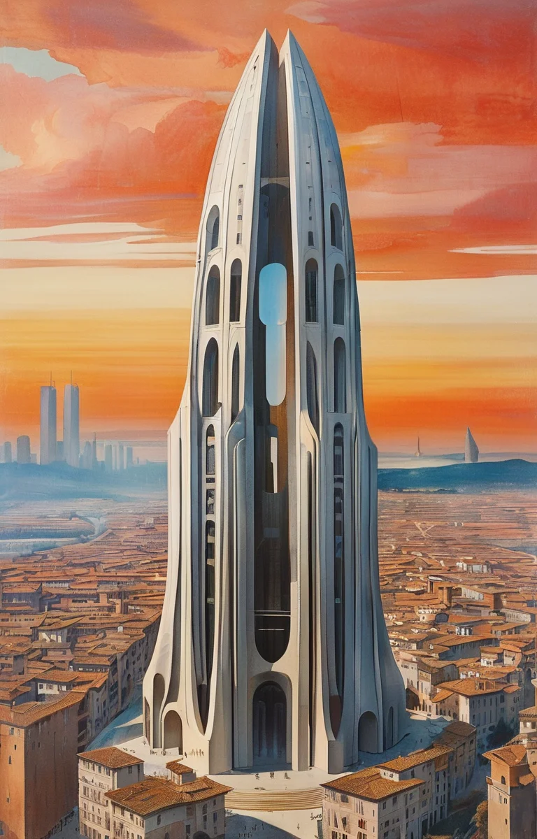 masterpiece,best quality,<lora:tbh302-sdxl:0.9>,illustration,designed by Filippo Brunelleschi Futuristic skyscraper with organic shapes, inspired by Zaha Hadid, gleaming under a sunset sky