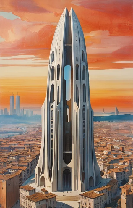 masterpiece,best quality,<lora:tbh302-sdxl:0.9>,illustration,designed by Filippo Brunelleschi Futuristic skyscraper with organic shapes, inspired by Zaha Hadid, gleaming under a sunset sky