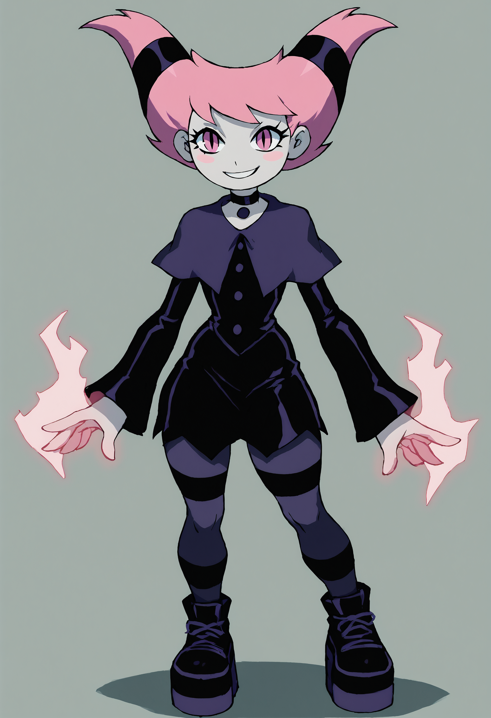 <lora:JinxTTPony1.0:0.5> jinx, 1girl, pink hair, buttons, twintails, solo, pink eyes, slit pupils, blush stickers, black choker, dress, grey skin, smile, striped pantyhose, capelet, score_9, score_8_up, score_7_up, score_6_up, score_5_up, score_4_up, looking at viewer, cowboy shot,  <lora:Zankuro_Style_Pony:1> plump, thick thighs, platform footwear,  <lora:add-detail-xl:1> energy hands