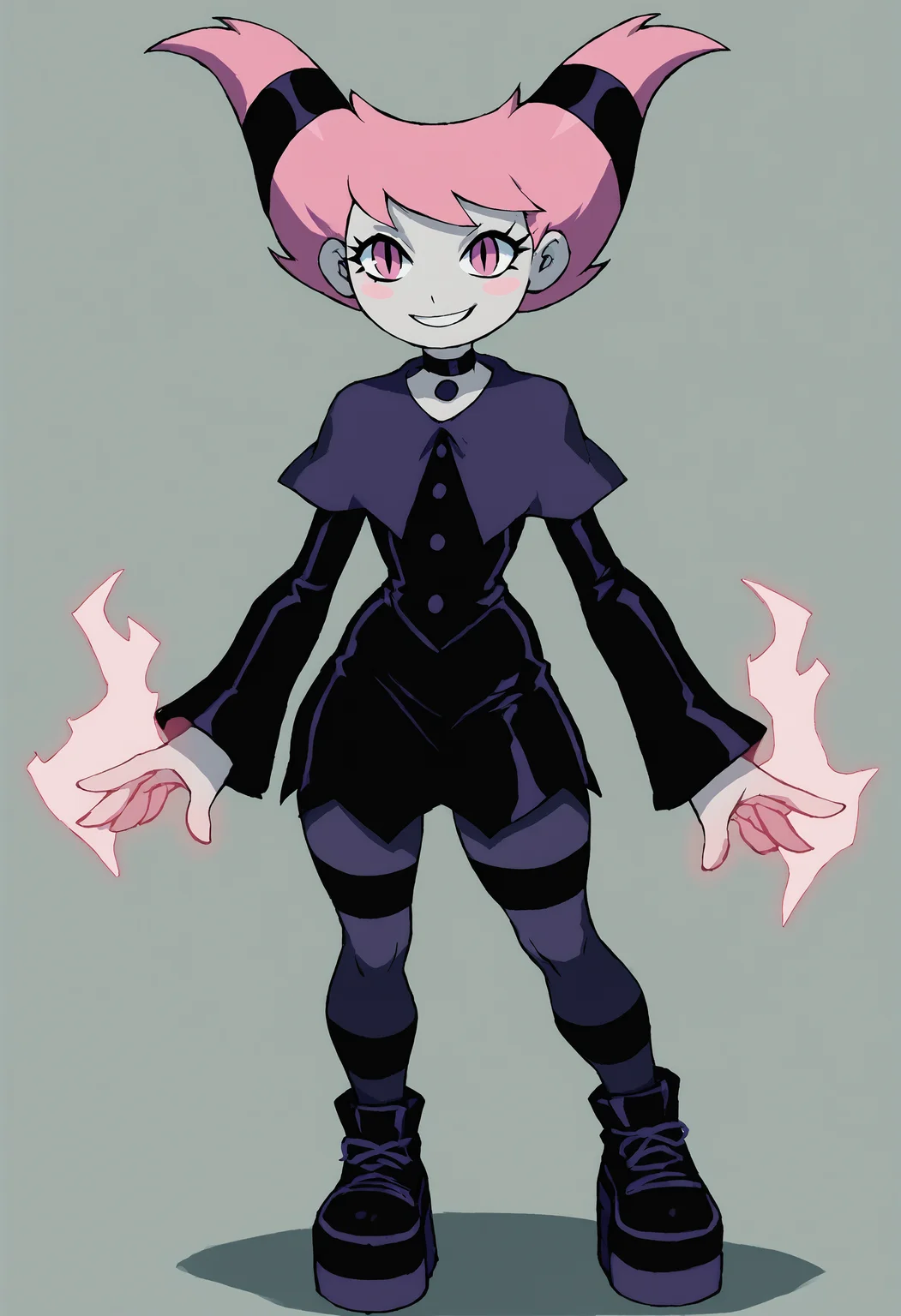 <lora:JinxTTPony1.0:0.5> jinx, 1girl, pink hair, buttons, twintails, solo, pink eyes, slit pupils, blush stickers, black choker, dress, grey skin, smile, striped pantyhose, capelet, score_9, score_8_up, score_7_up, score_6_up, score_5_up, score_4_up, looking at viewer, cowboy shot,  <lora:Zankuro_Style_Pony:1> plump, thick thighs, platform footwear,  <lora:add-detail-xl:1> energy hands