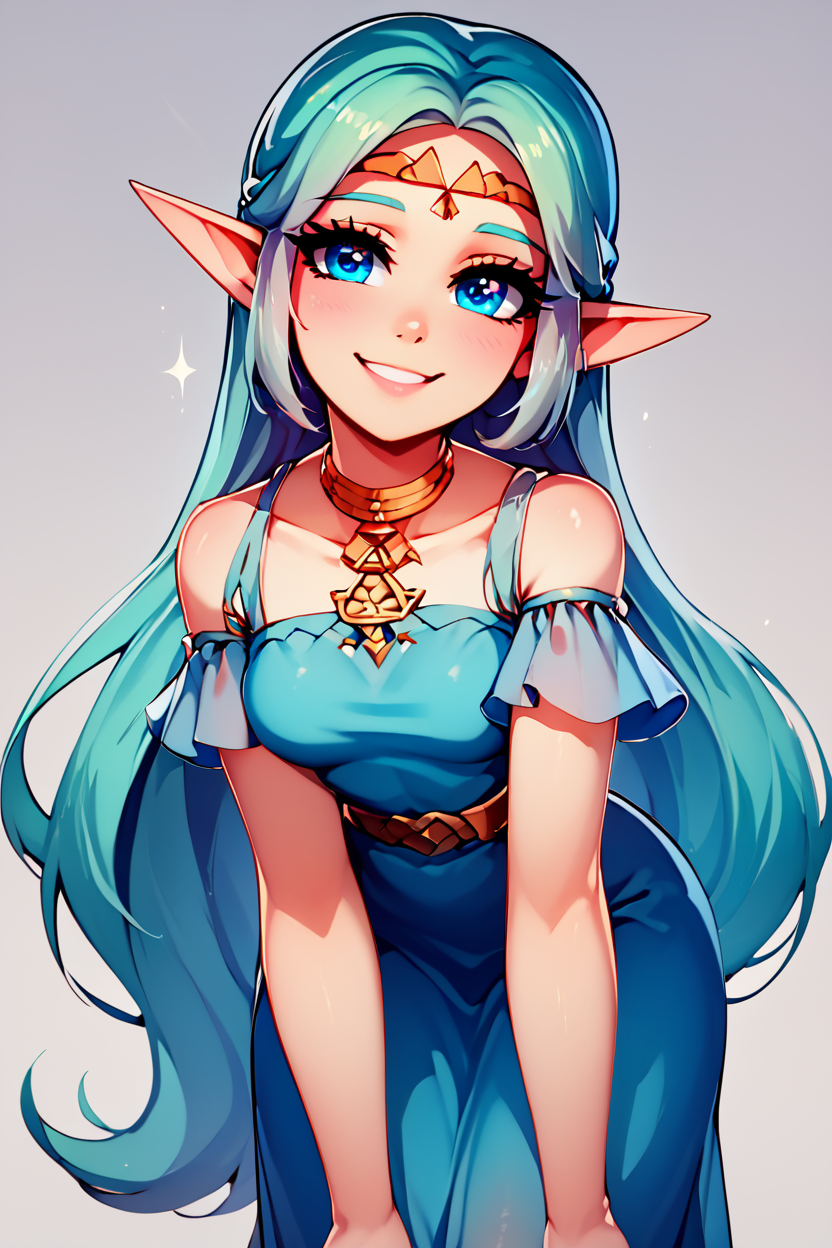 score_9, score_8_up, score_8, medium breasts, (curvy), cute, eyelashes,       BREAK, , <lora:NayruZelda_PDXL_epoch02:0.8>,  zznayru, dress, bare shoulders, jewelry, very long hair, blue dress, elf, circlet, BREAK, looking at viewer,  smile, upper body, leaning forward, head tilt,  embedding:zPDXL, Expressiveh, <lora:theButcherXPDXL:1.0>, <lora:CatalystStylePDXL:0.6>,  <lora:SDXLFaeTastic2400:0.5>,  <lora:Expressive_H-000001:0.4>,