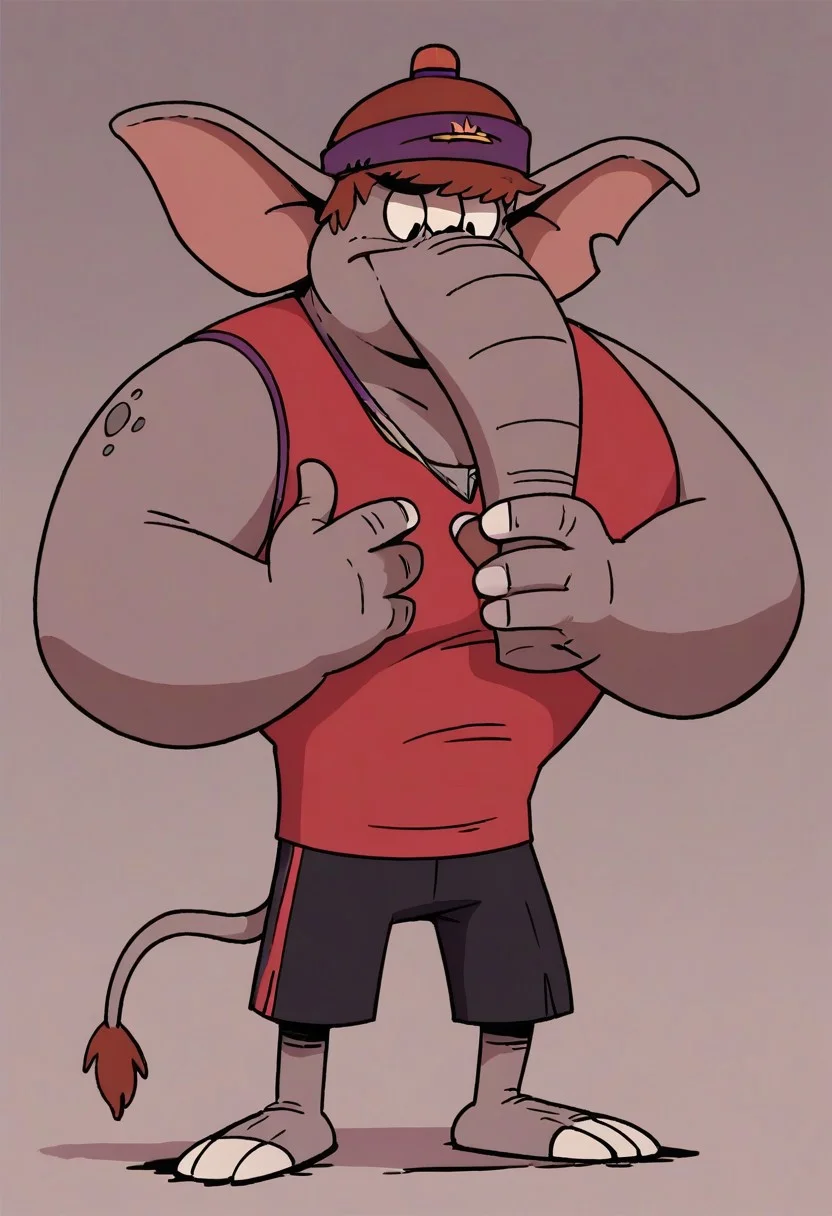 (score_9 | score_8_up | score_7_up)
((masterpiece:1))(best quality,very high quality,ultra detailed:1.2)
(2D,cartoon style,anime style)(Smooth:2)(clean blurring)
(four fingers on each hand,one thumb on each hand:1), Abu elephant, solo, brown hair, grey skin, black eyes, trunk, trunk nose, elephant trunk, elephant ears, monkey tail, purple vest, red and purple hat, alien, muscular, +++three eyes, extra eye, grey skin color, full body
