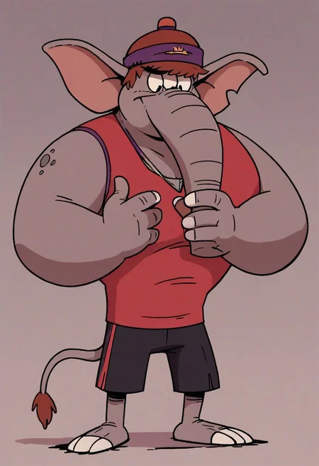 (score_9 | score_8_up | score_7_up)
((masterpiece:1))(best quality,very high quality,ultra detailed:1.2)
(2D,cartoon style,anime style)(Smooth:2)(clean blurring)
(four fingers on each hand,one thumb on each hand:1), Abu elephant, solo, brown hair, grey skin, black eyes, trunk, trunk nose, elephant trunk, elephant ears, monkey tail, purple vest, red and purple hat, alien, muscular, +++three eyes, extra eye, grey skin color, full body