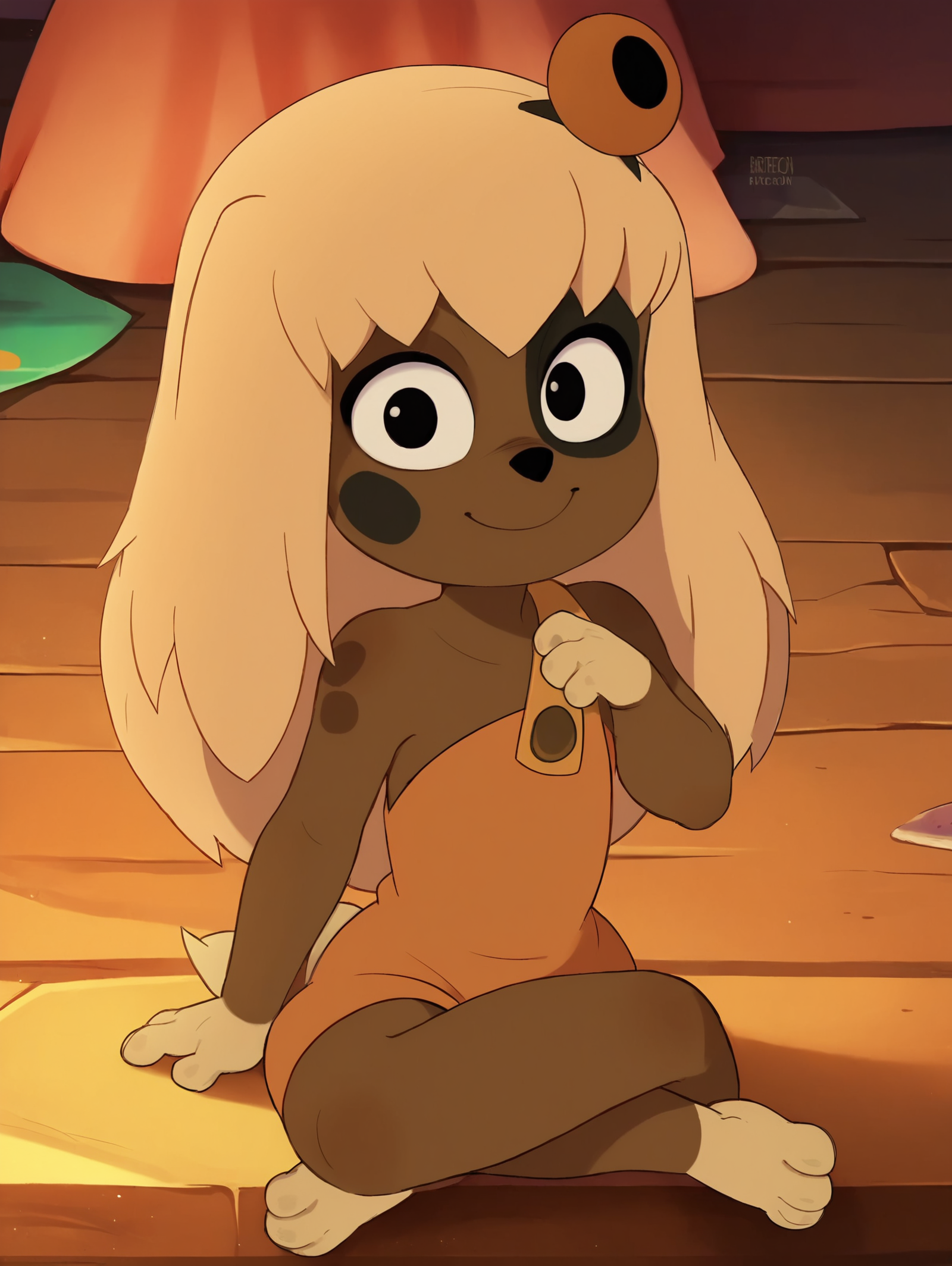 <lora:LilottePony1.1:1> lilotte, solo, 1girl, furry female, long hair, dog ears, black eyes, dog tail, orange overalls, blonde hair, indoors, dog girl, smile, looking at viewer,sitting,crossed legs,barefoot,  cowboy shot, score_9, score_8_up, score_7_up, score_6_up, score_5_up, score_4_up