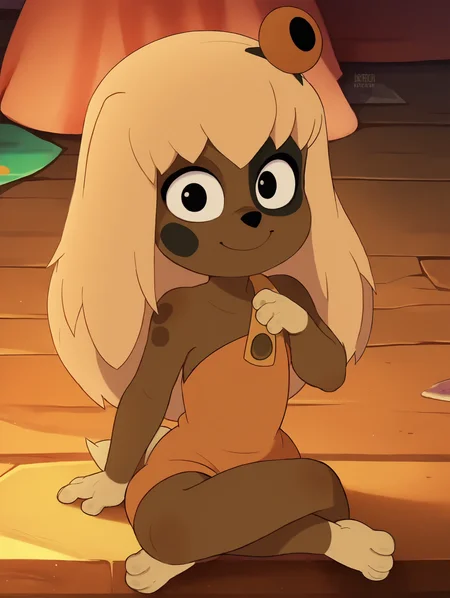 <lora:LilottePony1.1:1> lilotte, solo, 1girl, furry female, long hair, dog ears, black eyes, dog tail, orange overalls, blonde hair, indoors, dog girl, smile, looking at viewer,sitting,crossed legs,barefoot, cowboy shot, score_9, score_8_up, score_7_up, score_6_up, score_5_up, score_4_up