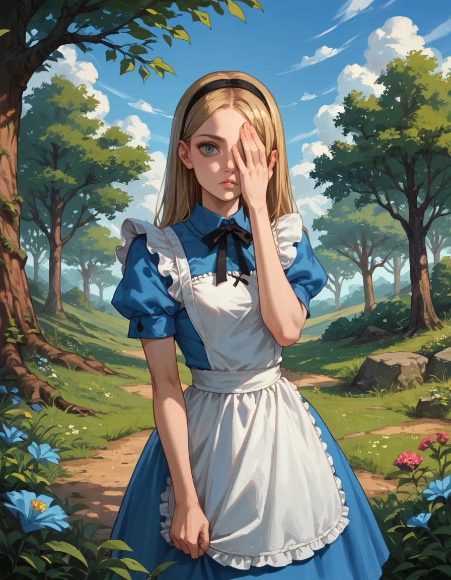 score_9, score_8_up, score_7_up, score_6_up, score_5_up, score_4_up, hud_illum1nat2, hand over eye, solo, 1girl, alice_\(alice_in_wonderland\), outdoors <lora:hud_illum1nat2_XLP:0.8>,