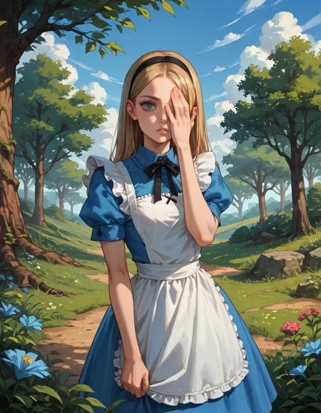 score_9, score_8_up, score_7_up, score_6_up, score_5_up, score_4_up, hud_illum1nat2, hand over eye, solo, 1girl, alice_\(alice_in_wonderland\), outdoors <lora:hud_illum1nat2_XLP:0.8>,