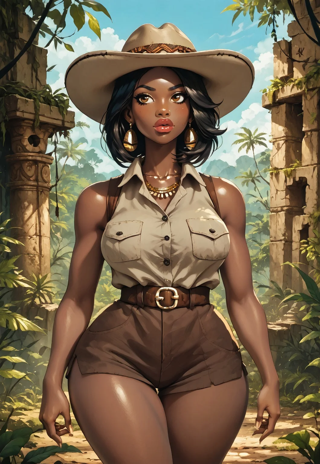 score_9, score_8_up, score_7_up, BREAK, 1women, ebony, african, {{{dark-skinned}}}, medium hair, black hair, thick lips, curvy body, (thicc hips:1.15), (thick legs:1.05), (thick thighs:1.1), round hips, bulbous hips, absurdly large hips, round thighs, explorer's clothes, pale brown shirt, button up shirt, sleeveless, double leg slits, brown shorts, brown necklace, waist pouch, cowboy hat, walking through thick vegetation. ruins  jungle, cowboy shot, clear, Detailed, Detailed background, Detailed face, Detailed lips, Detailed hands, 