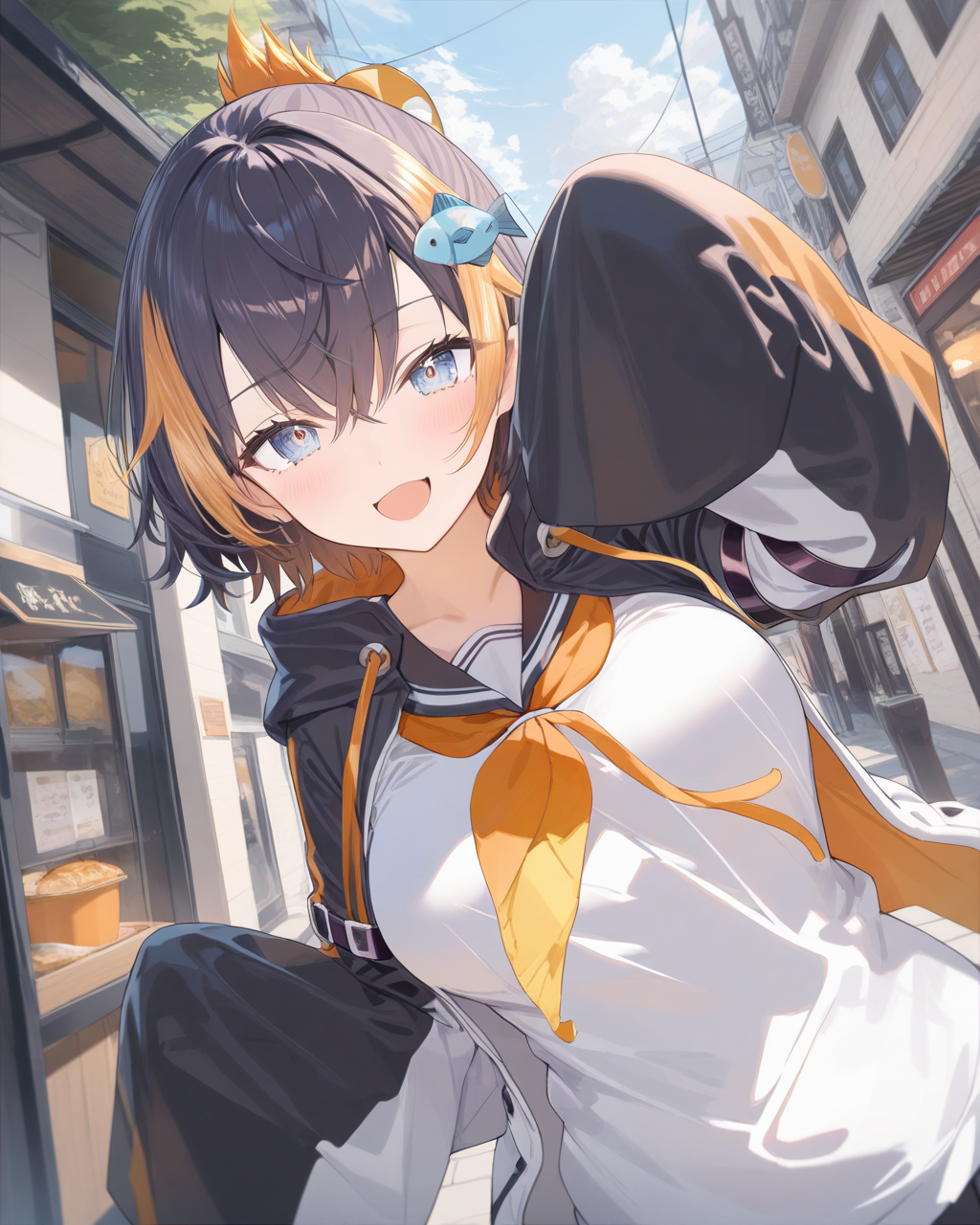 1girl,
PetraGurinNijisanji,
safe, solo, perspective, dutch angle, upper body,
dating, looking at viewer, \:d,
fish hair ornament,
two-tone hoodie, long sleeves,
sleeves past fingers,
arm strap,
black sailor collar, orange neckerchief,
white shirt, large breasts, 
day, street,
depth of field,
<lora:kp_PetraGurinNijisanji1stCostumeAnimagineXL_v1_1:1.0>,
masterpiece, high score, great score, absurdres