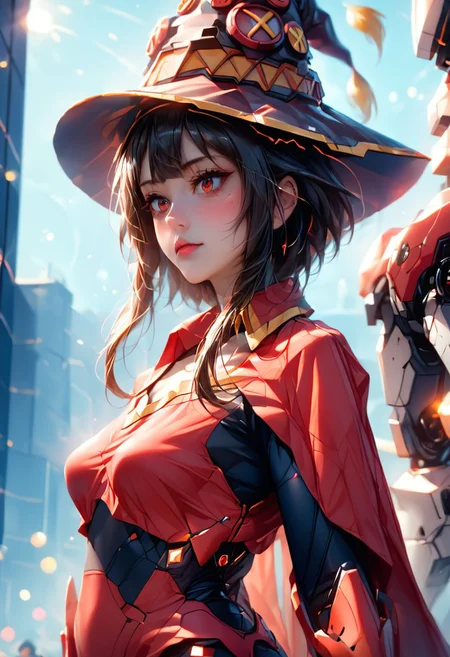 score_9, score_8_up, score_7_up, ((masterpiece)), ((best quality)), 8k, high detailed, ultra-detailed, (((anime))),toon, 1girl, perfect eyes,cinematic ,skin multicolor, lights, 
BREAK,
ultra-detailed, (((Megumin))), witch futuristic hat, 1girl, (((mecha suit red color))), mecha musume, headgear, armor,((Mecha red armor)), menpo, upper body, underboob, portrait, black red armor, colorful, (medium wide shot), (dynamic perspective), sharp focus, (depth of field, bokeh:1.3), extremely detailed eyes and face, beautiful detailed eyes, black gold, trimmed gear, in a futuristic weapons factory, niji, from side, upper body, hips