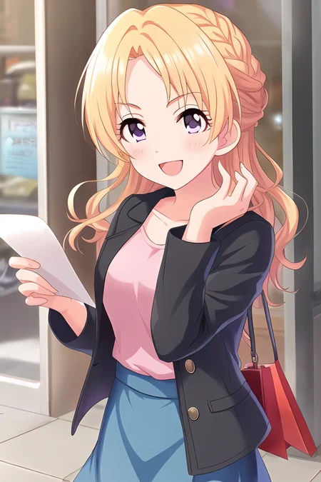 Kiryu Tsukasa, 1girl, ;d, bag, black jacket, blonde hair, blue skirt, blurry, blurry background, blush, braid, depth of field, hand up, jacket, long hair, looking at viewer, open clothes, open jacket, open mouth, paper bag, parted bangs, pink shirt, purple eyes, shirt, shopping bag, short sleeves, skirt, smile, solo
<lora:deresute-v1.2:1>