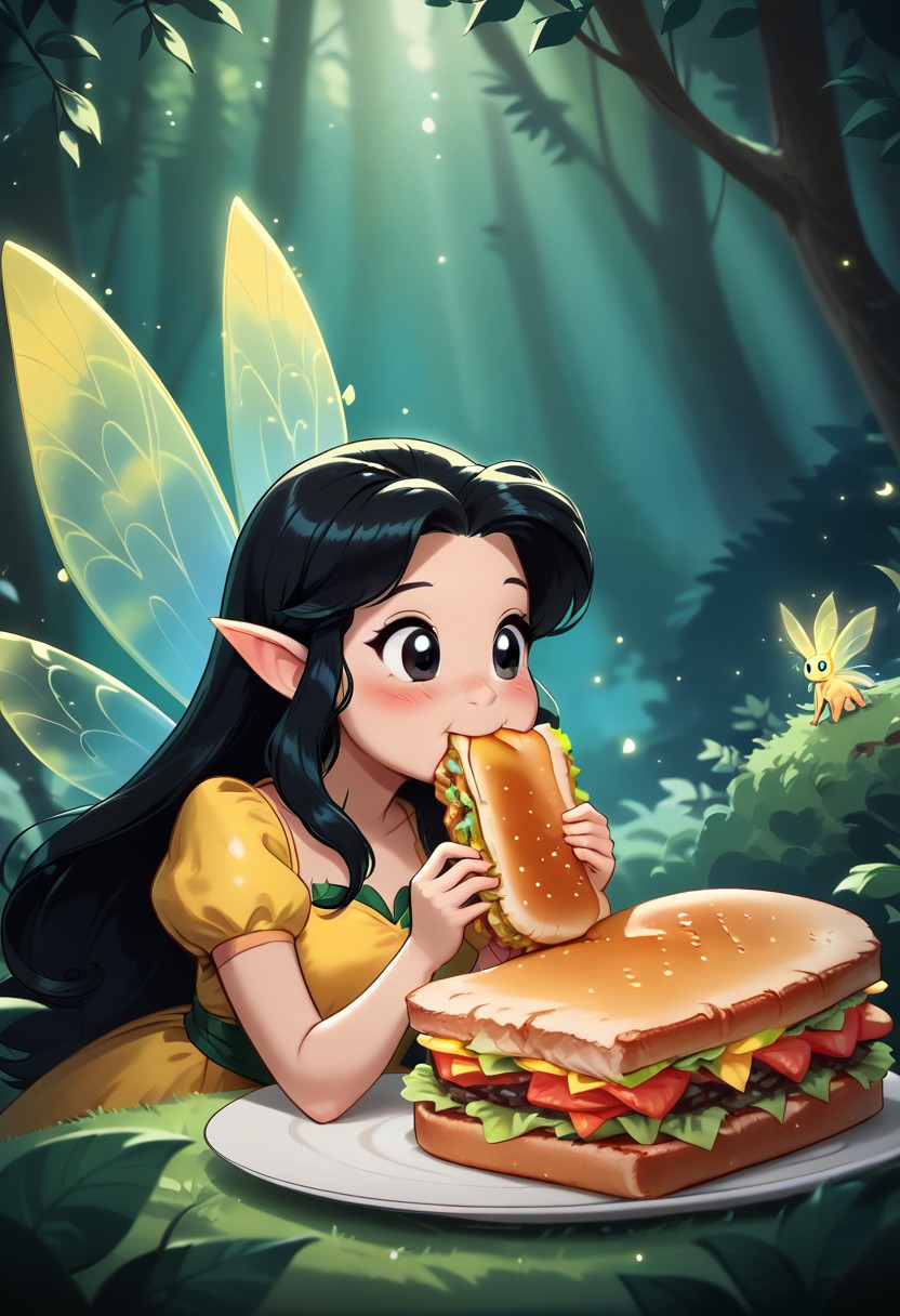 masterpiece, high quality, a girl eating a large sandwich in a magical forest , cute, black long hair, yellow dress,Fairy Wings , j_huiben