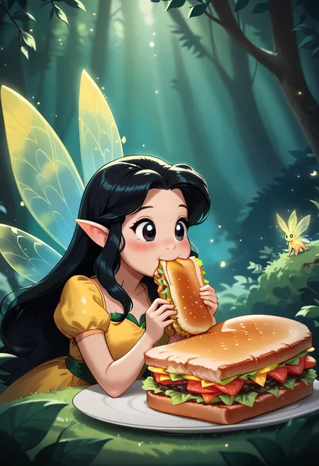 masterpiece, high quality, a girl eating a large sandwich in a magical forest , cute, black long hair, yellow dress,Fairy Wings , j_huiben