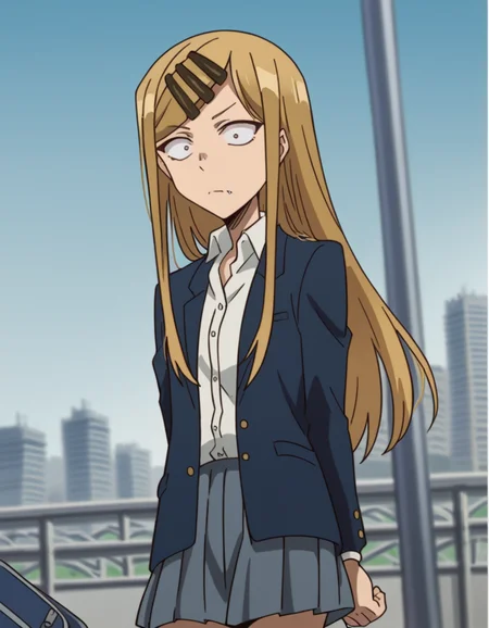 score_9, score_8_up, score_7_up, source_anime, <lora:saya-endou-s2-ponyxl-lora-nochekaiser:1>, saya endou, long hair, blonde hair, hair ornament, brown eyes, hairclip, fang, wide-eyed, constricted pupils, sanpaku,, skirt, shirt, hair ornament, school uniform, jacket, pleated skirt, socks, blazer,, train station, waiting for train, suitcase, traveling, commute, city skyline, hands behind back,, , looking at viewer, hand showing a thumbs up, solo,, cowboy shot, dutch angle