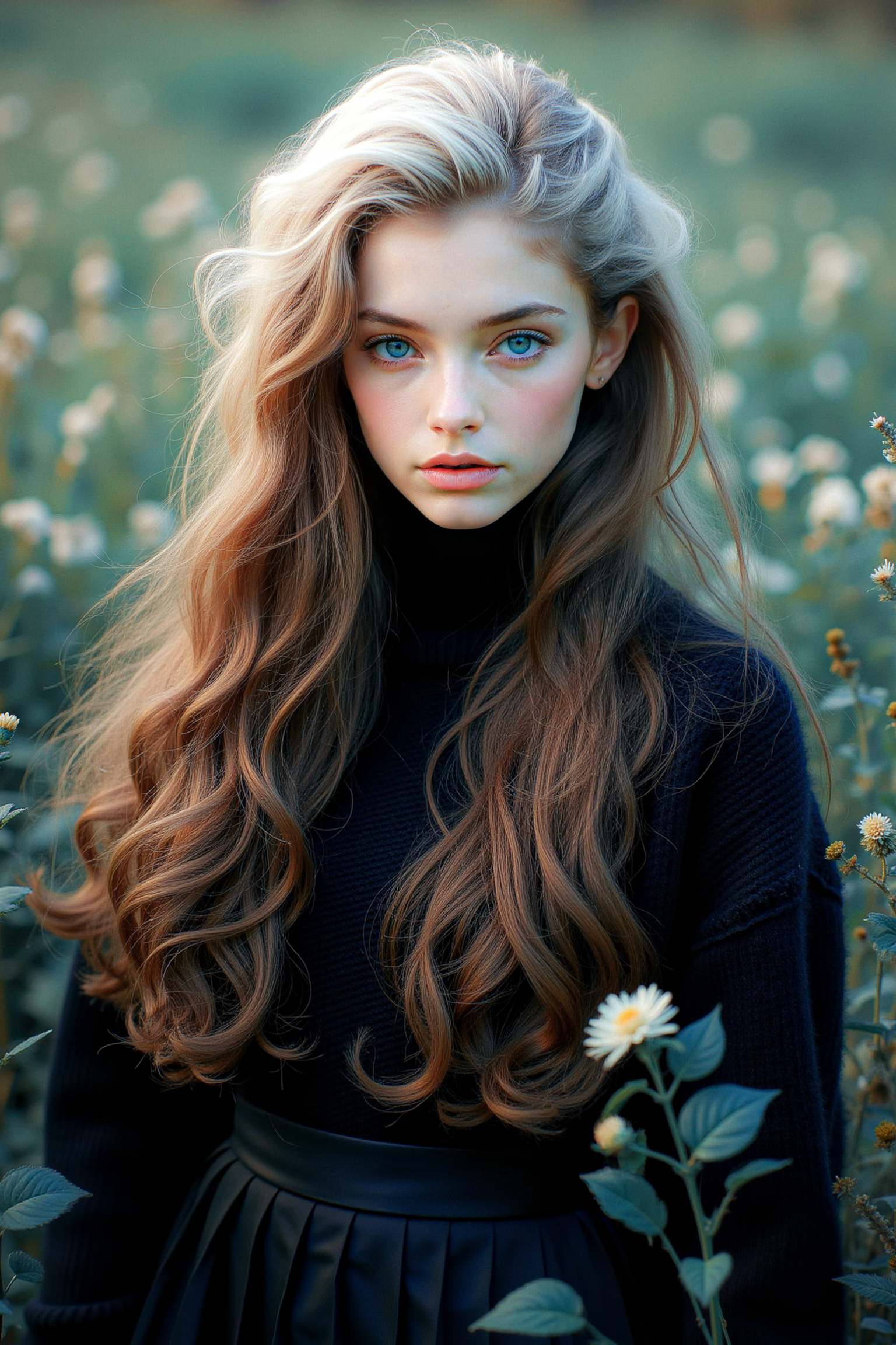 <lora:flux-lora:0.6>,<lora:aeshteticv3:0.5>,Fashion photography of a A woman with long,flowing brown hair and piercing blue eyes gazes intently at the viewer. Her fur is made of soft white curls,and she wears an expressive black pleated midi skirt and sweater that contrasts with the stark hues of emerald green. fashion photography,dark fantasy,f/1,scenes of rural life,whimsical themes,organic and flowing designs,cinematic perfect intricate stunning fine detail,magic atmosphere,fertile,elaborate,