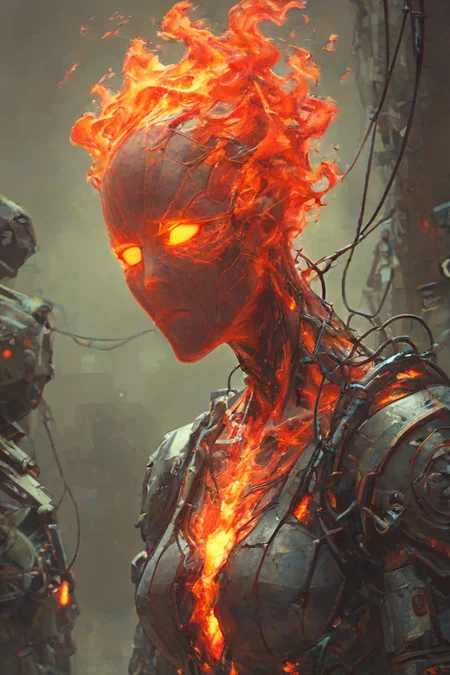 score_9,score_8_up,<lora:Turbo_XL:1>,1girl,maximum details,cybernetics,human-machine fusion,dystopian,organic meets artificial,dark,intricate,futuristic,technological,cybernetic enhancements,robotics,artificial intelligence themes,android,AI,machine,metal,wires,tech,biomechanical cyberpunk,<lora:FireHuman:1>,firehuman,colored skin,orange fireskin,fire,empty eyes,<lora:BeautyInEvilPony:0.7>,hkevil,