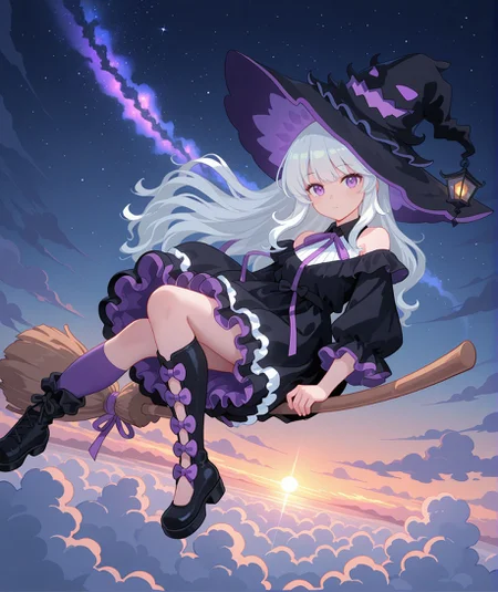 ((deep contrast, luminous lighting, cinematic ambiance, best quality, colorful, masterpiece, detailed_background, very aesthetic, absurdres, highres, newest)), BREAK <lora:Soulweaver_Lunelle-v1-000009:0.8> (sk-swalter), 1girl, young, black witch, collared dress, broom riding, from above, cloud, sunset, red eyes, mismatched_footwear, asymmetrical_footwear, black_footwear, purple single_sock, black single_boot, black single_shoe,