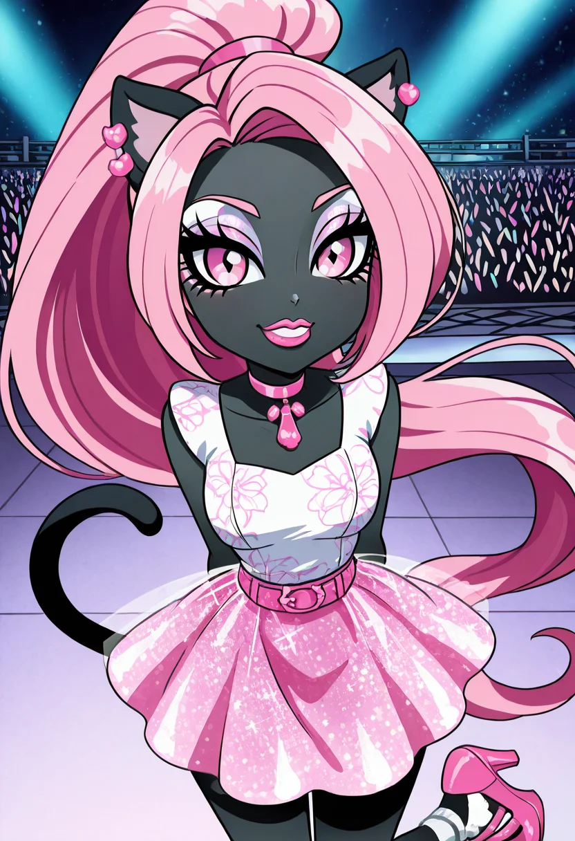 masterpiece, best quality, solo, curvy, beautiful eyes, narrow waist, wide hips, 1girl, solo, smile, looking at viewer, foreshortening, close up, anime screenshot, ,<lora:CattyNoirMH_IXL:0.9>, zzCattyNoir, pink eyes, pink eyeshadow, long hair, pink hair, ponytail, tail, very long hair, black skin, cat ears, cat tail, makeup, sleeveless, pink skirt, idol, jewelry, eyeshadow, high heels, lipstick, C0utur3Cr4z3, <lora:CoutureCraze_IXL:0.6>,hands behind back, chest forward, cowboy shot, smile, looking at viewer,