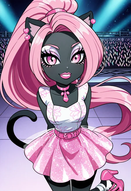 masterpiece, best quality, solo, curvy, beautiful eyes, narrow waist, wide hips, 1girl, solo, smile, looking at viewer, foreshortening, close up, anime screenshot, ,<lora:CattyNoirMH_IXL:0.9>, zzCattyNoir, pink eyes, pink eyeshadow, long hair, pink hair, ponytail, tail, very long hair, black skin, cat ears, cat tail, makeup, sleeveless, pink skirt, idol, jewelry, eyeshadow, high heels, lipstick, C0utur3Cr4z3, <lora:CoutureCraze_IXL:0.6>,hands behind back, chest forward, cowboy shot, smile, looking at viewer,