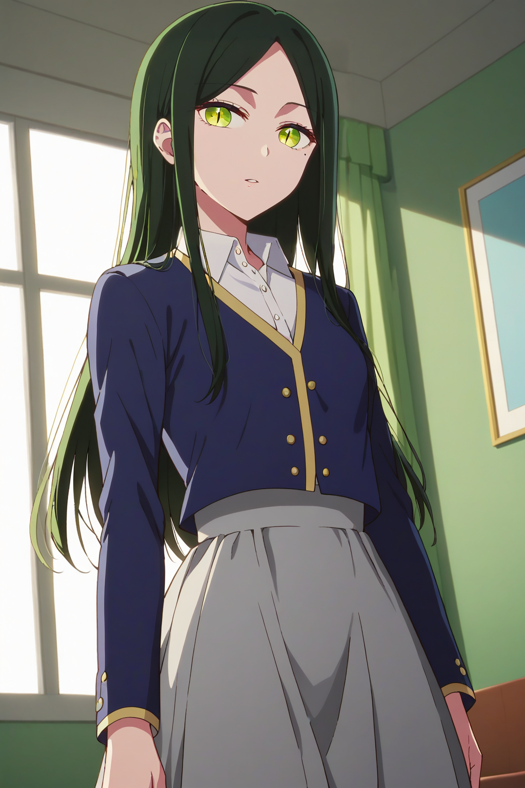 score_9, score_8_up, score_7_up, source_anime, 1girl, prefect lighting, very aesthetic, intricate details, highly detailed background, masterpiece, high quality, prefect hands, best quality, solo,
<lora:Frill_Shiranui_Oshi_no_ko_V1:.85>, KJOfrill, green hair, green eyes, slit pupils, mole under eye, mole under eye, long hair, parted bangs, 
school uniform, blue jacket, collared shirt, grey skirt, 
arm at side, expressionless, parted lips, looking at viewer, 
cowboy shot, dutch angle, 
bedroom, morning, 
(Beautiful, small Breasts:1.2), natural breasts,