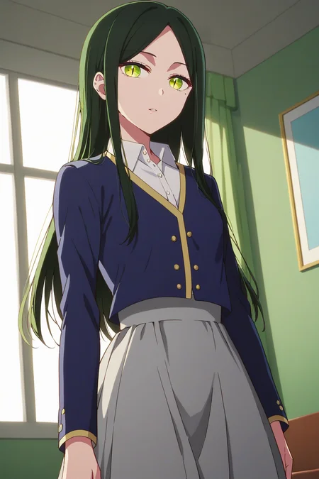 score_9, score_8_up, score_7_up, source_anime, 1girl, prefect lighting, very aesthetic, intricate details, highly detailed background, masterpiece, high quality, prefect hands, best quality, solo,
<lora:Frill_Shiranui_Oshi_no_ko_V1:.85>, KJOfrill, green hair, green eyes, slit pupils, mole under eye, mole under eye, long hair, parted bangs, 
school uniform, blue jacket, collared shirt, grey skirt, 
arm at side, expressionless, parted lips, looking at viewer, 
cowboy shot, dutch angle, 
bedroom, morning, 
(Beautiful, small Breasts:1.2), natural breasts,