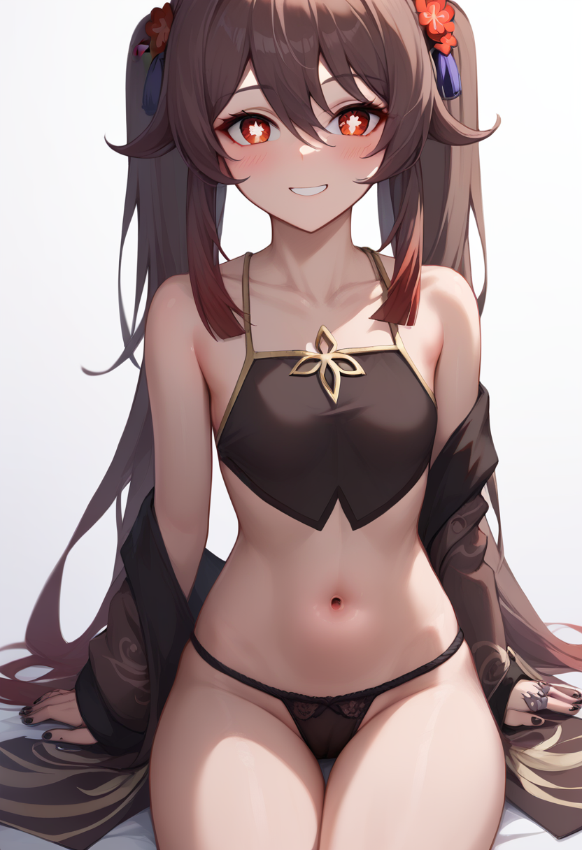 score_9,score_8_up,score_7_up,<lora:dudou:1>,dudou, hu tao (genshin impact), 1girl, solo, brown hair, symbol-shaped pupils, v, navel, looking at viewer, twintails, underwear, long hair, sitting, smile, black nails, panties, white background, red eyes, simple background, black panties, bare shoulders, nail polish, flower-shaped pupils, stomach, very long hair, blush, crop top, thighs, collarbone