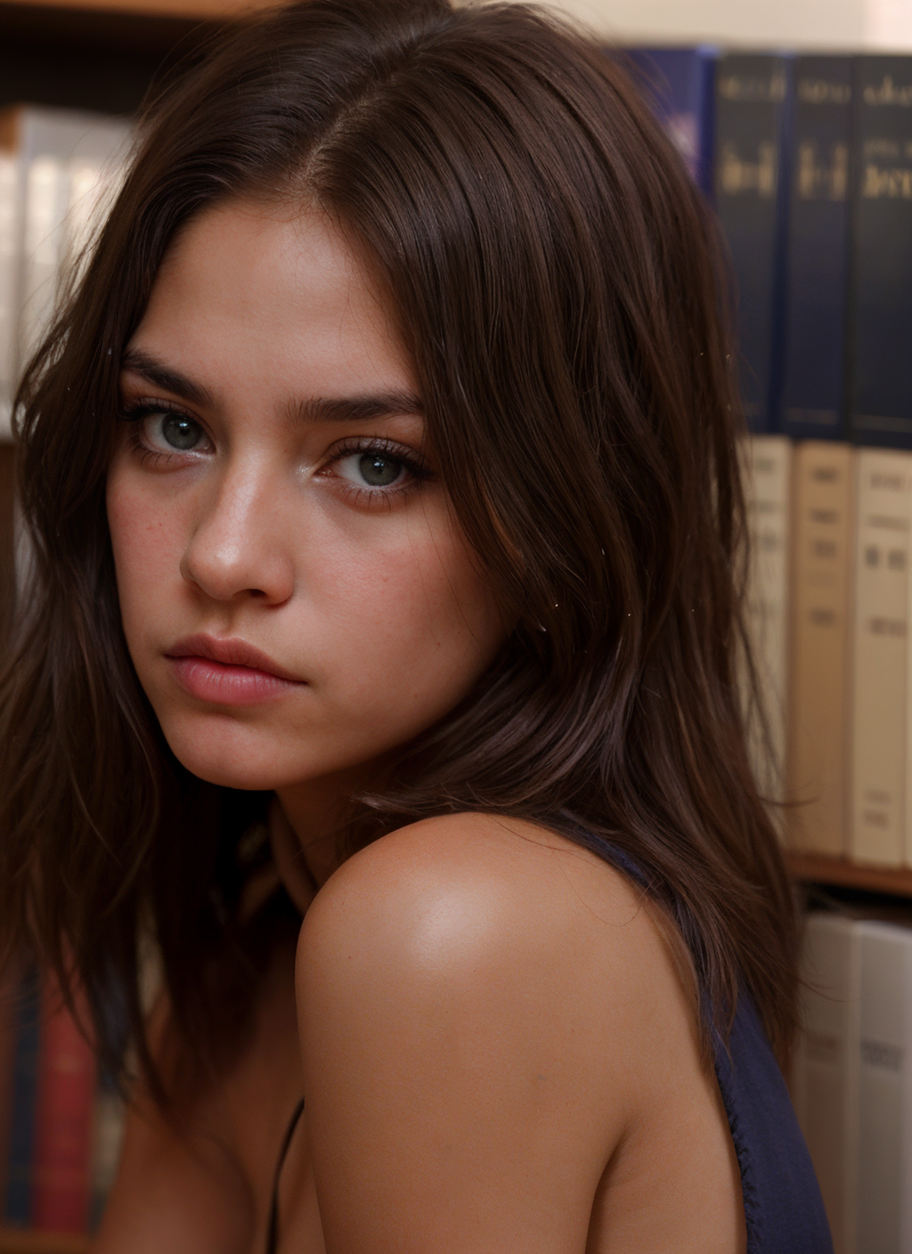 closeup portrait of girl, soft and dreamy portrait, beautiful, gloomy portrait, dik-bella, dark brown hair, latina, (tanned skin), blue eyes, annoyed expression, in library, <lora:dik-bella:0.72>