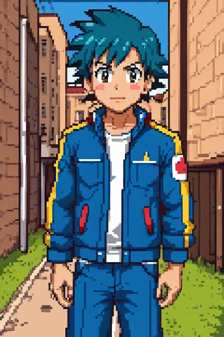 ash ketchum (pokemon), 1boy solo, blue jacket, outdoors<lora:Pixel_Art_Pony:1>