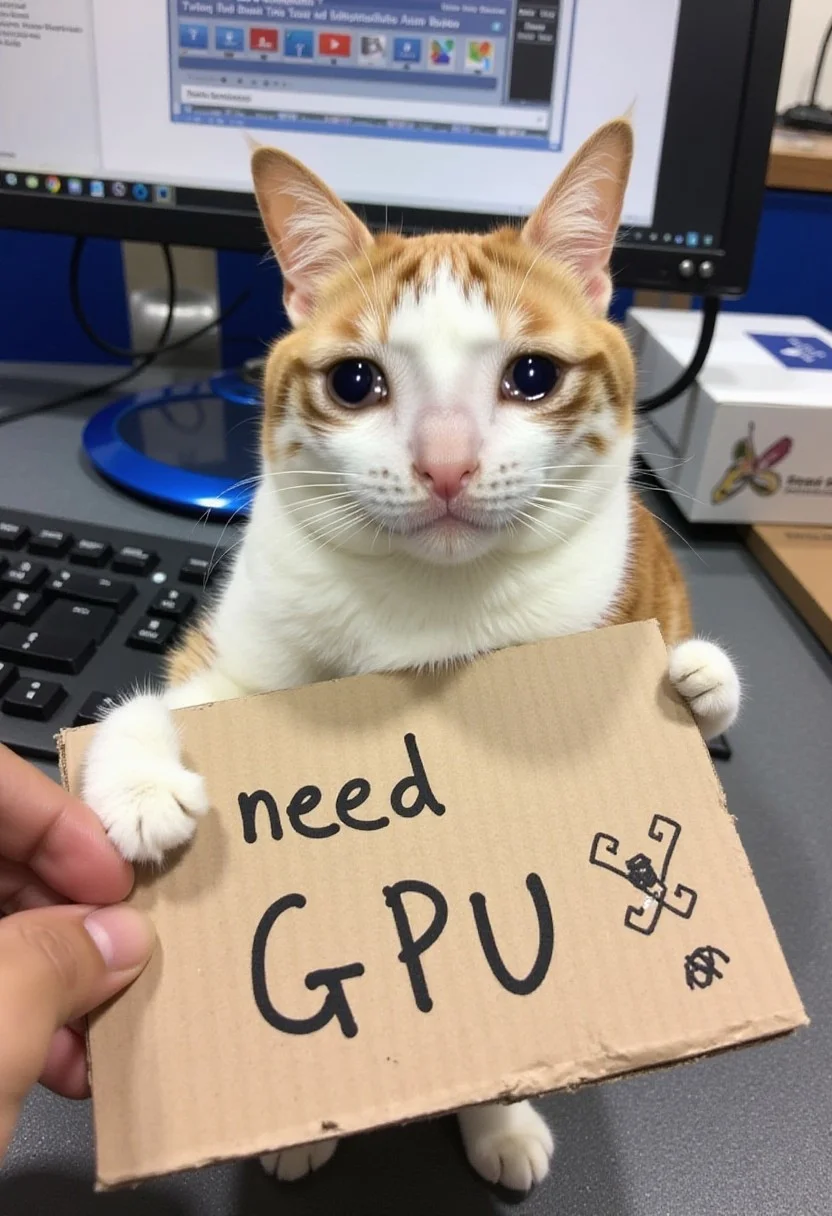 A boring wide-shot Snapchat photo of a crying cat holding a piece of cardboard with the words written with a marker "need GPU". This photo was taken during a rain on android phone with a low resolution camera in 2007 at e-waste store.