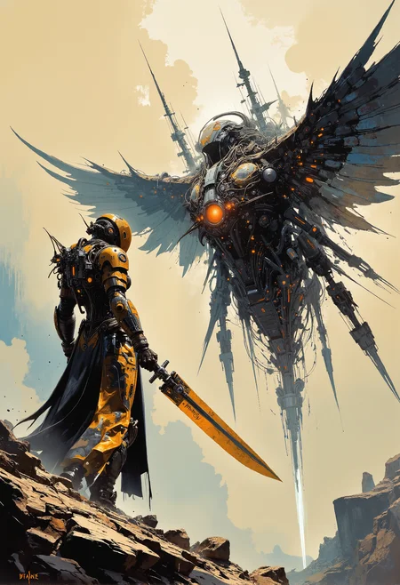 concept art . art by Zdzislaw Beksinski. standoff. sci-fi android with giant spectral blade versus giant mechanical monstrosity with wings. intense. spikes, wires. dutch angle. epic, glorification. action, scene. <lora:artisketchyfs-v02.safetensors:0.75>, <lora:Elden_Ring_-_Yoshitaka_Amano.safetensors:1.0>, <lora:CPA.safetensors:0.65>, <lora:ARTifacts.safetensors:0.5>, <lora:Luminous_Shadowscape-000016.safetensors:0.1>, <lora:Glitchcore_Flux.safetensors:0.4>, . digital artwork, illustrative, painterly, matte painting, highly detailed